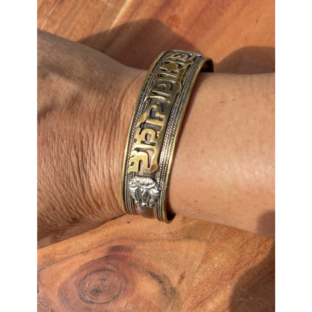 Vintage Brass Copper & Silver Tibetan Cuff Bracelet Om Mani Padme Hum Mantra